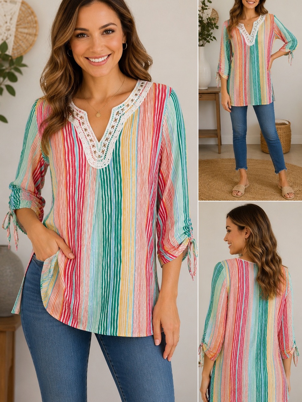 Ruby Rd. Women’s Multicolor Striped Embellished Tunic Top Size S